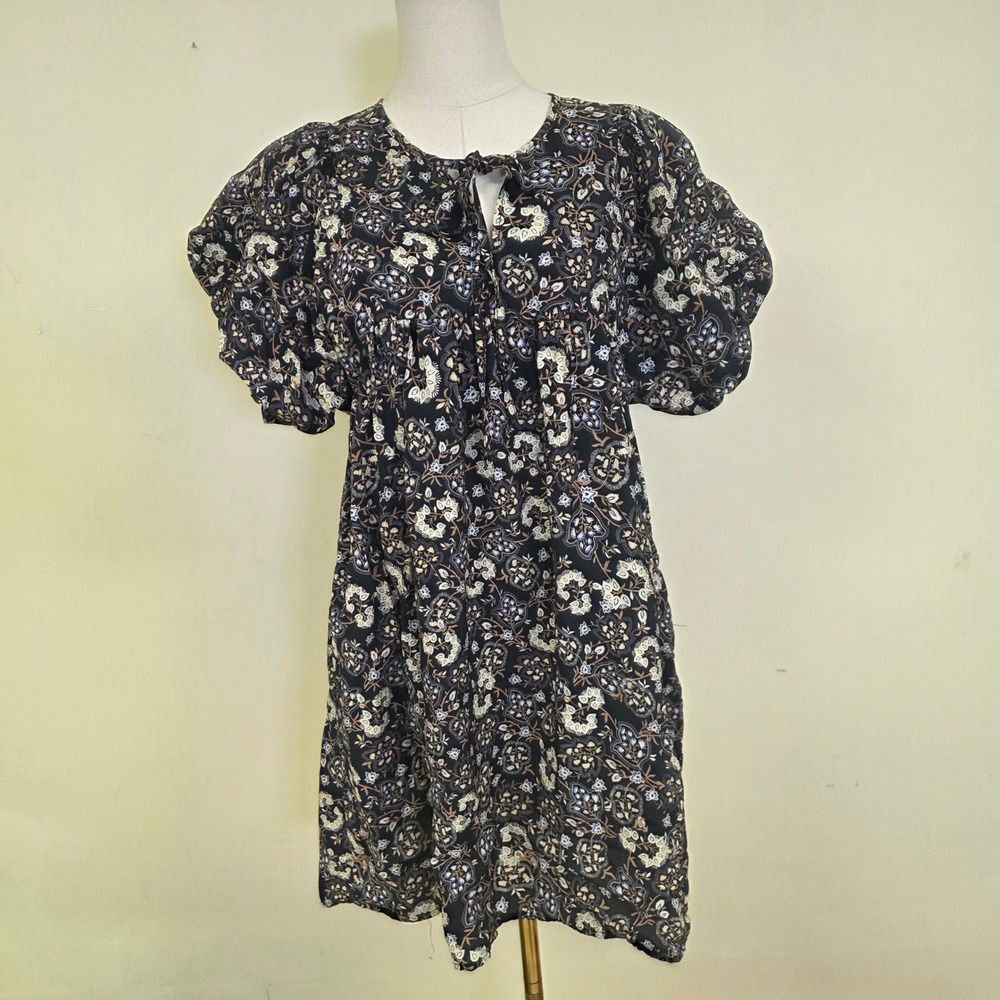 Hudson Gray Mini Dress Black Floral Puff Sleeve Keyhole Women Small Excellent